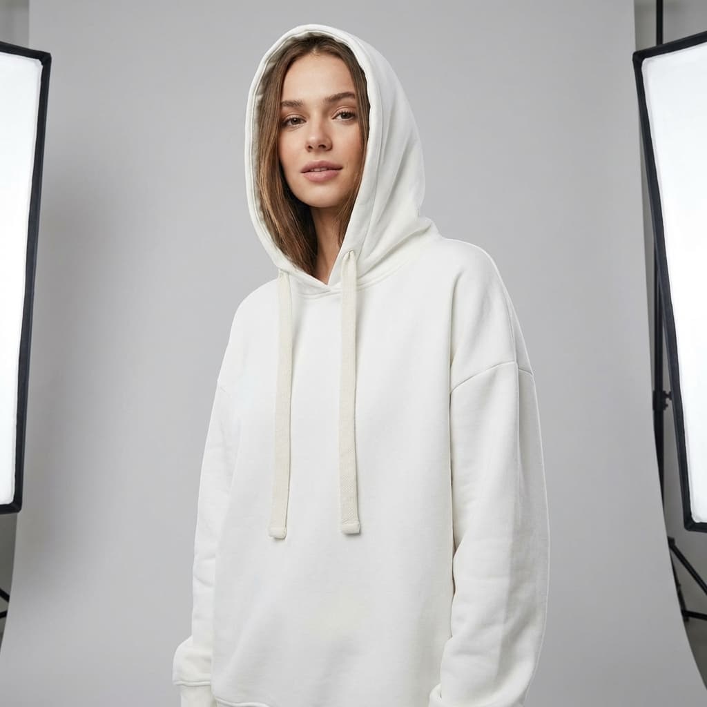 AI Generated Model Wearing White Hoodie with Drawstrings